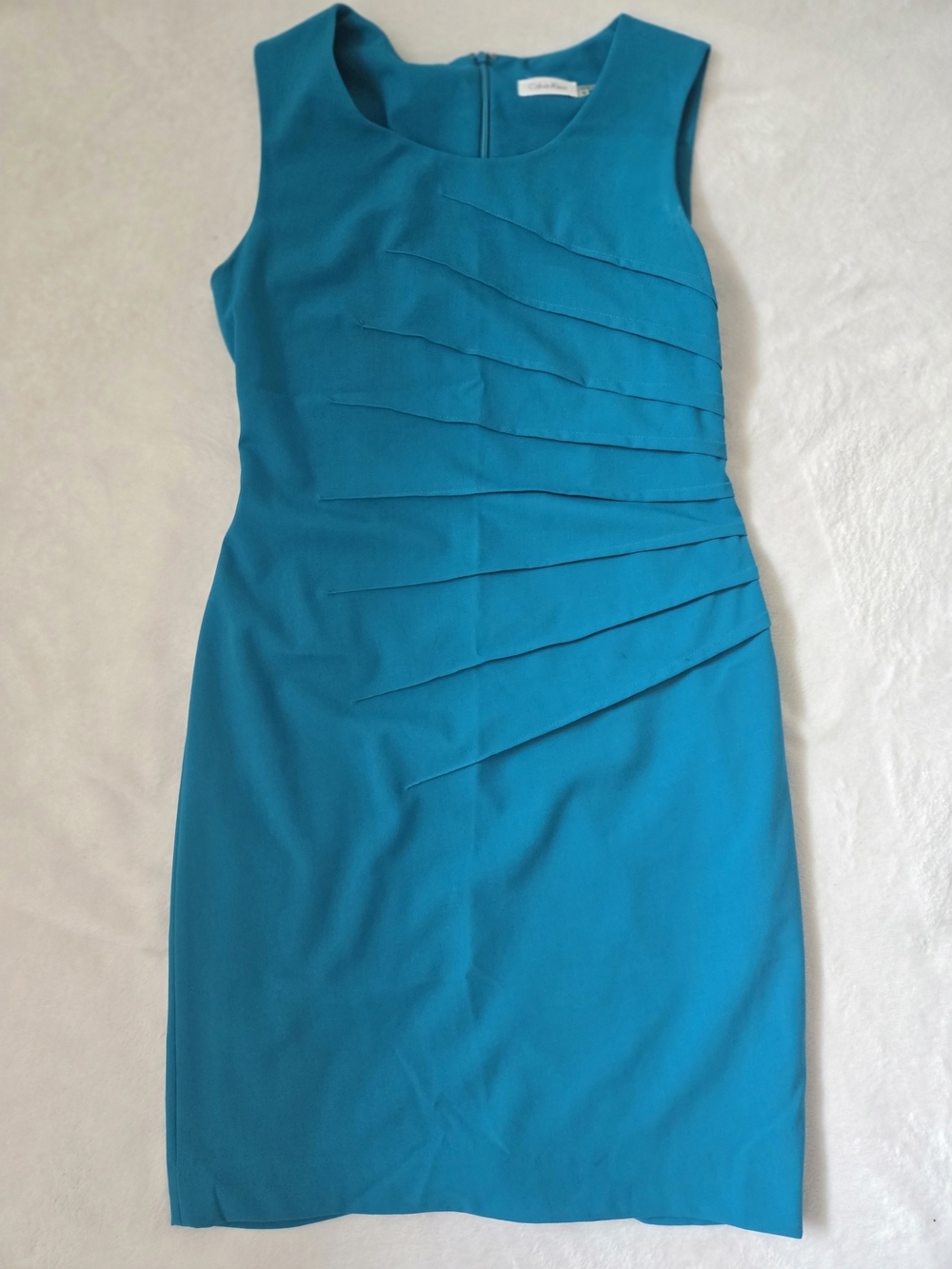 Calvin Klein Teal Sleeveless Sheath Dress with Diagonal Pleats